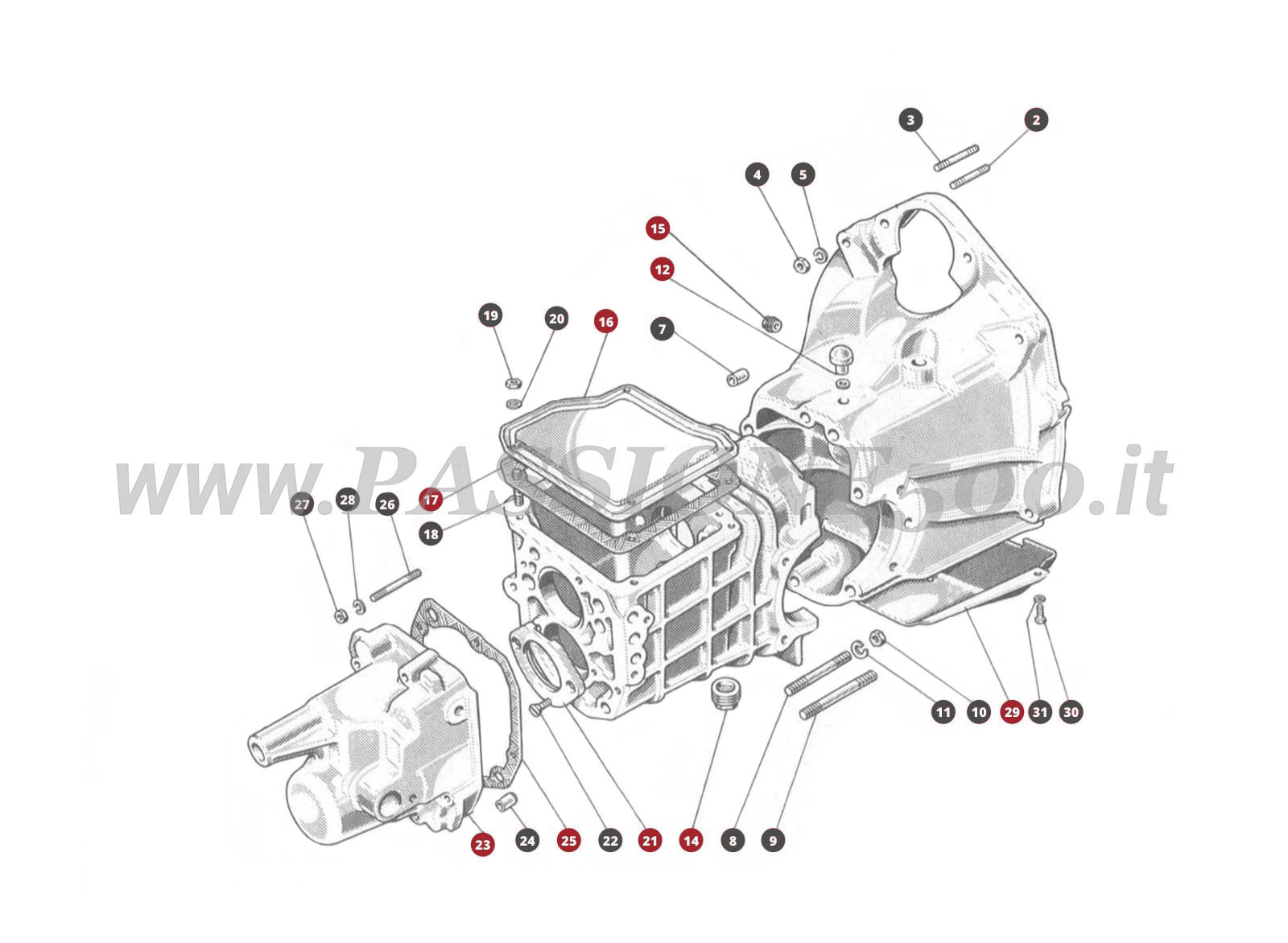 EXPLODED VIEW 17M – Gearbox casing and differential FIAT 500N
