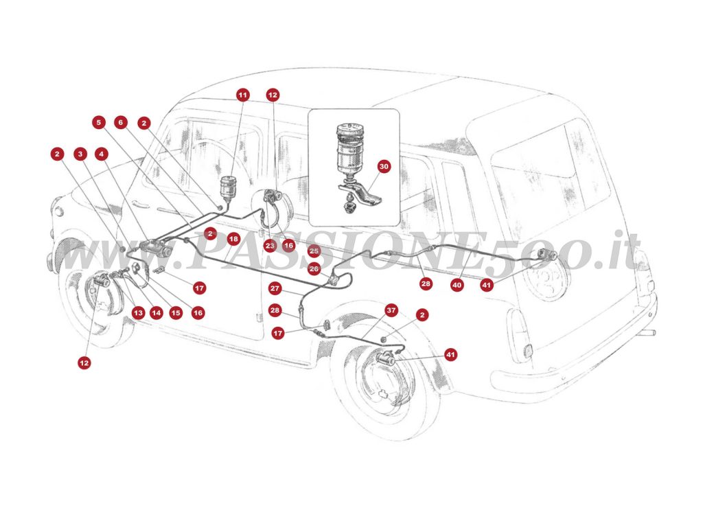 EXPLODED VIEW 23M – Brake control and Brake hydraulic system FIAT 500 Giardiniera Base D