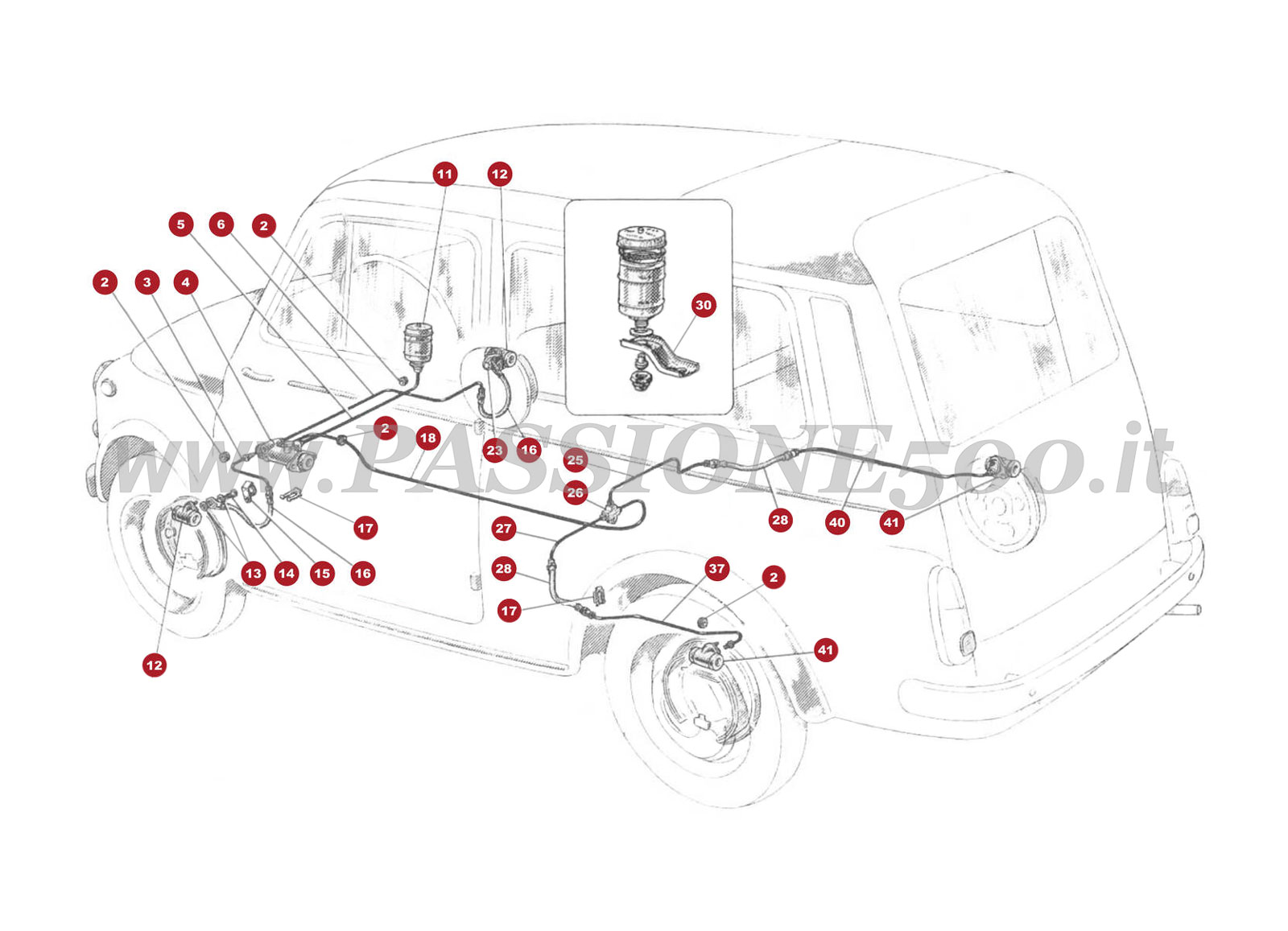 ESPLOSO 23M – Comando e Distribuzione idraulica impianto frenante FIAT 500 Giardiniera Base D