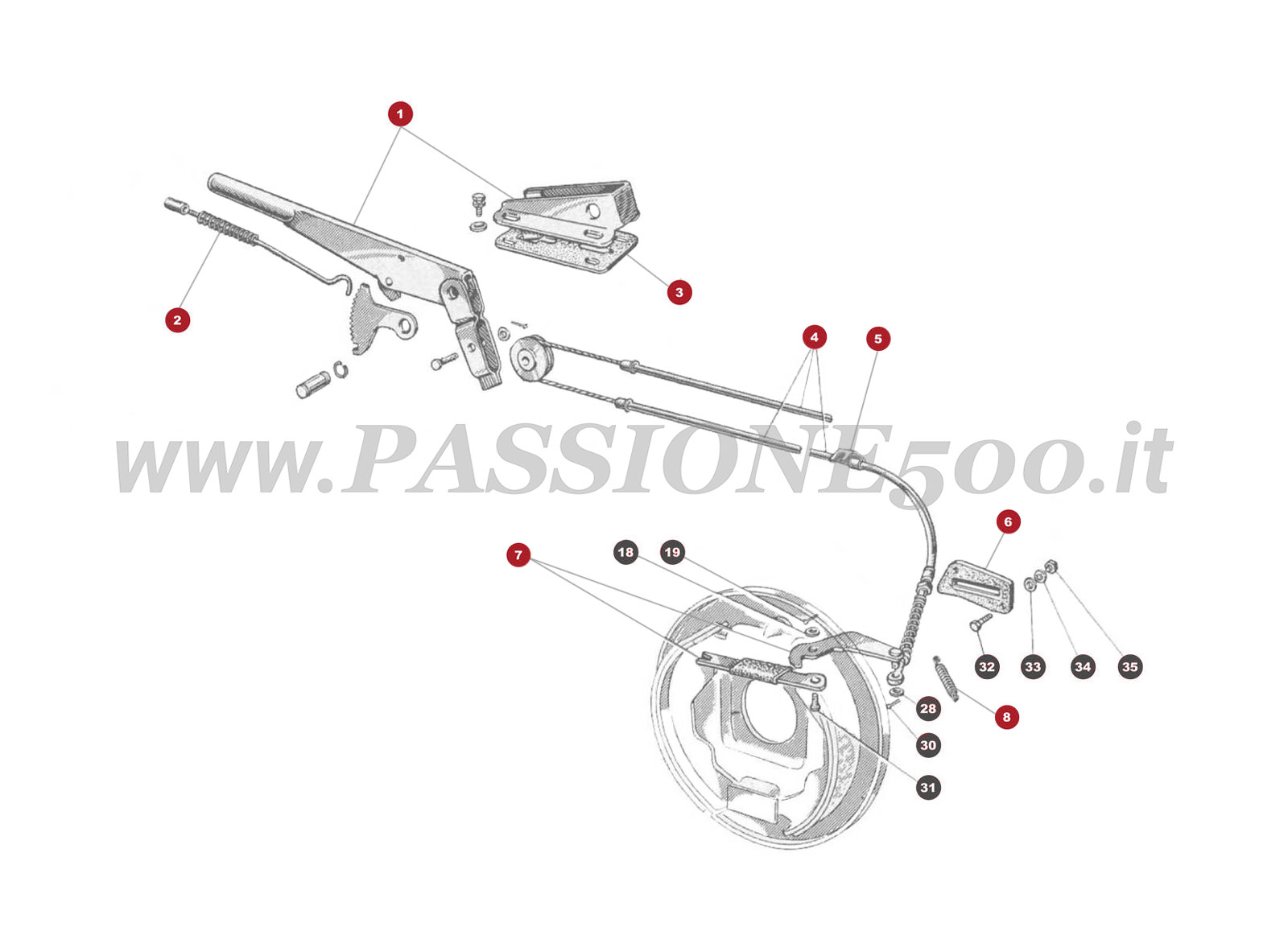 EXPLOSIONSZEICHNUNG 25M – Handbremsshebel FIAT 500 Giardiniera Base F