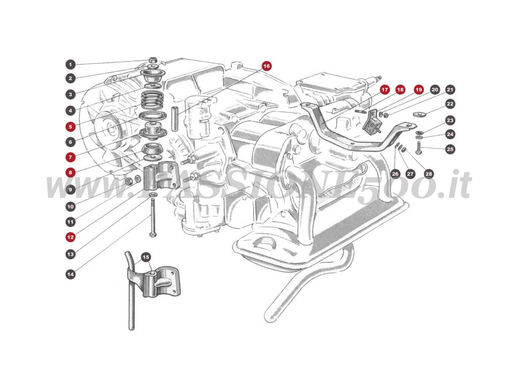 EXPLODED VIEW 26M – Engine and gearbox suspension mount FIAT 500 Giardiniera Base D
