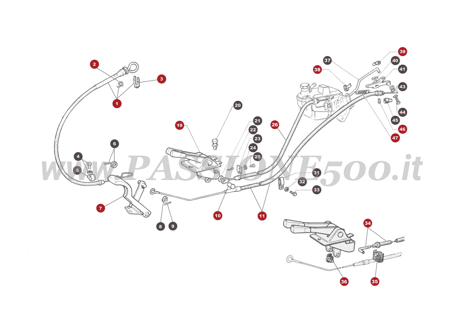 EXPLODED VIEW 10M – Throttle and carburettor control FIAT 500 Giardiniera Base F