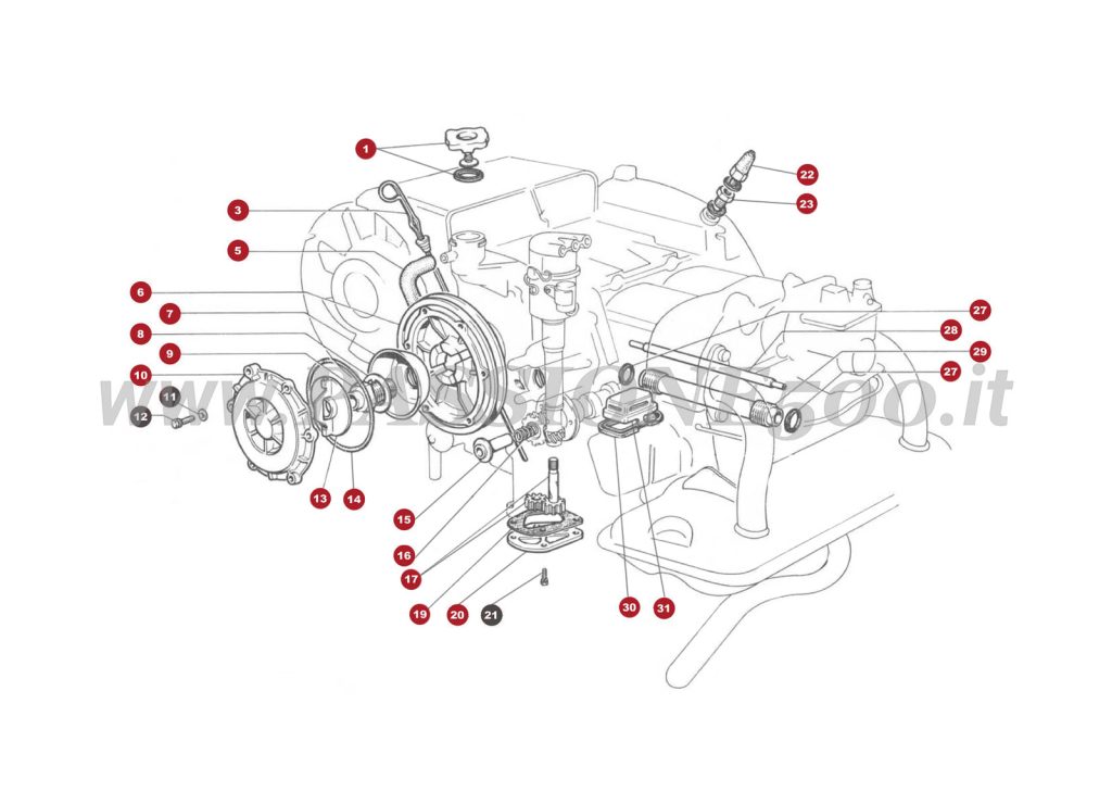 EXPLODED VIEW 12M – Oil system FIAT 500 Giardiniera Base F (until engine n.° 288155)