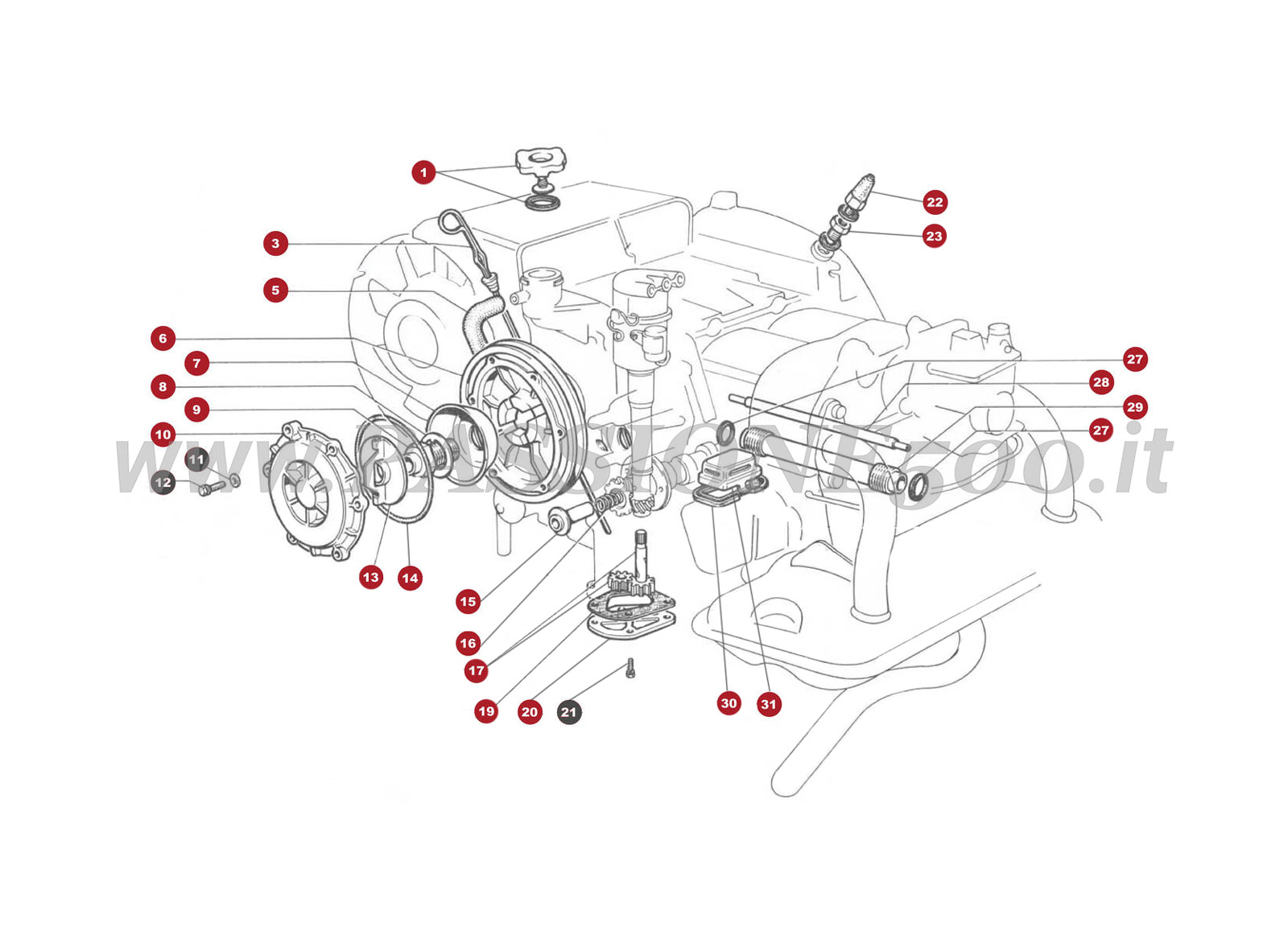 EXPLODED VIEW 12M – Oil system FIAT 500 Giardiniera Base F (until engine n.° 288155)