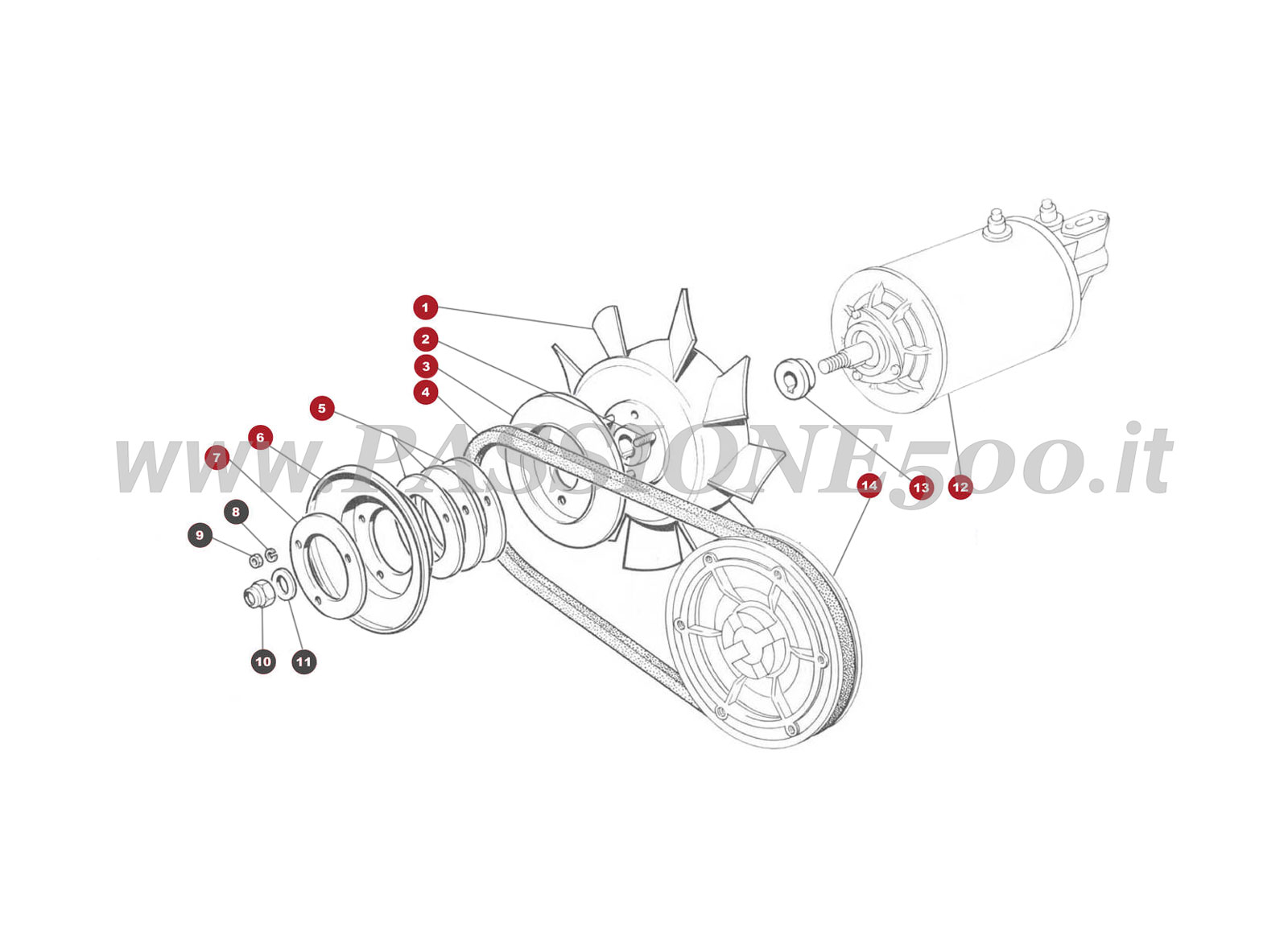 EXPLODED VIEW 14M – Cooling fan and dynamo control FIAT 500 Giardiniera Base F