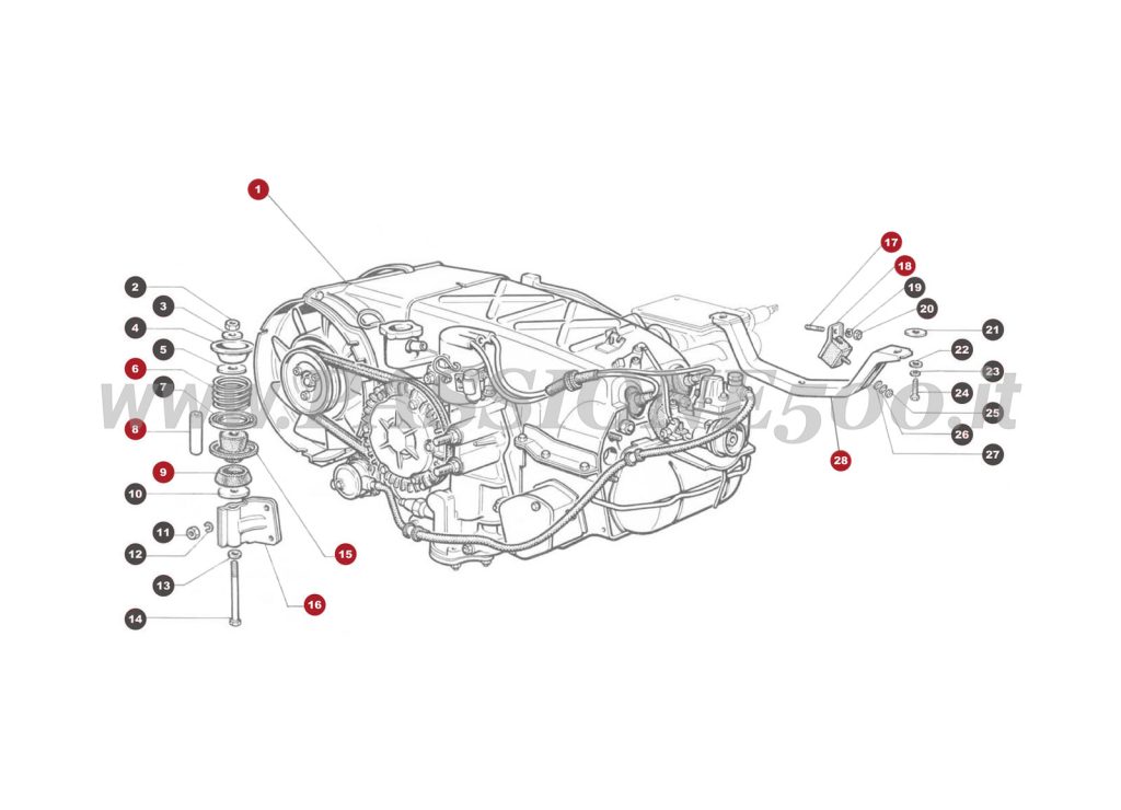 EXPLODED VIEW 26M – Engine and gearbox suspension mount FIAT 500 Giardiniera Base F