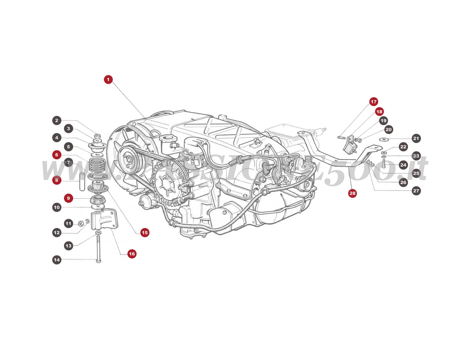 EXPLODED VIEW 26M – Engine and gearbox suspension mount FIAT 500 Giardiniera Base F