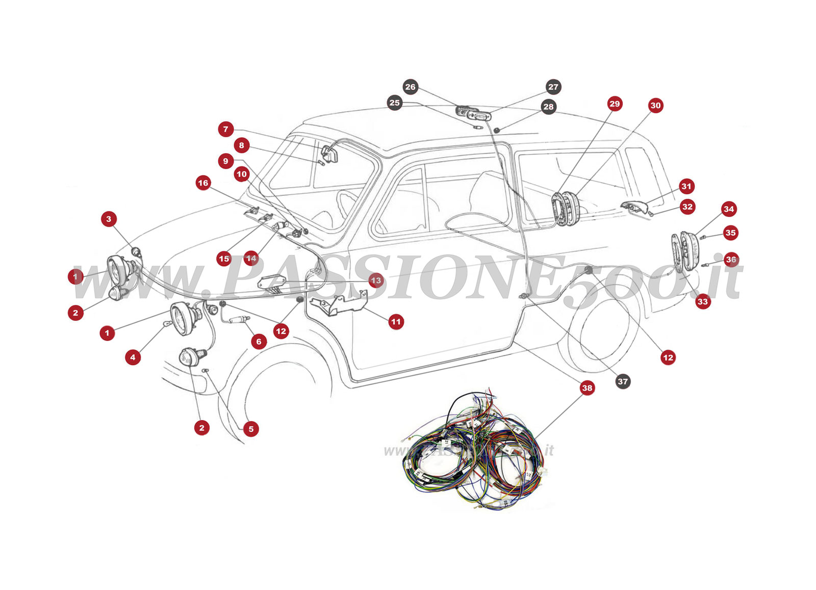EXPLODED VIEW 34/1M – Outer and inner lighting FIAT 500 Giardiniera Base F