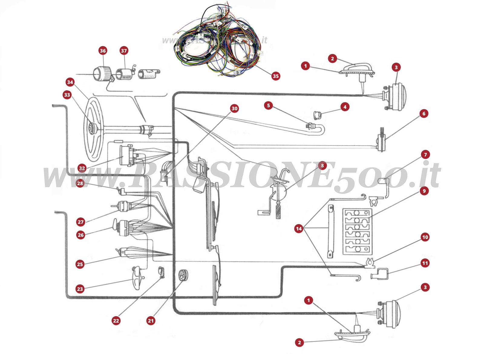 EXPLODED VIEW 34/1M – Front electrical system FIAT 500N (until engine n.° 099626)