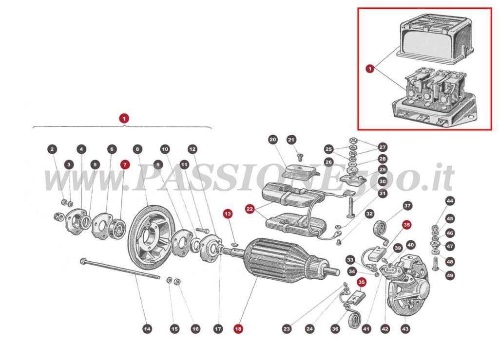 EXPLODED VIEW 38M – Dynamo and Regulator FIAT 500 Giardiniera Base F