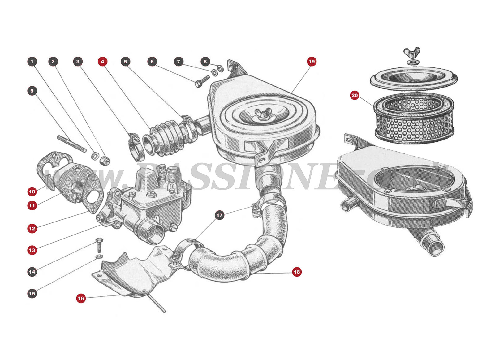 EXPLOSIONSZEICHNUNG 9M – Vergaser und luftfilter FIAT 500 Giardiniera Base F