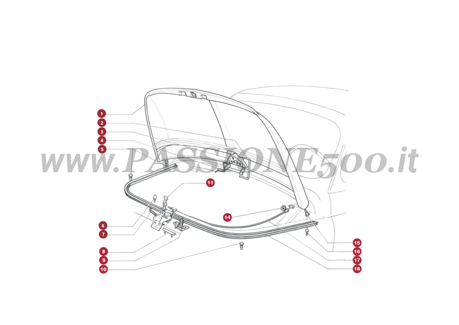 EXPLOSIONSZEICHNUNG 1C – Kofferraumhaube und sonstiges FIAT Autobianchi 500 Giardiniera base F