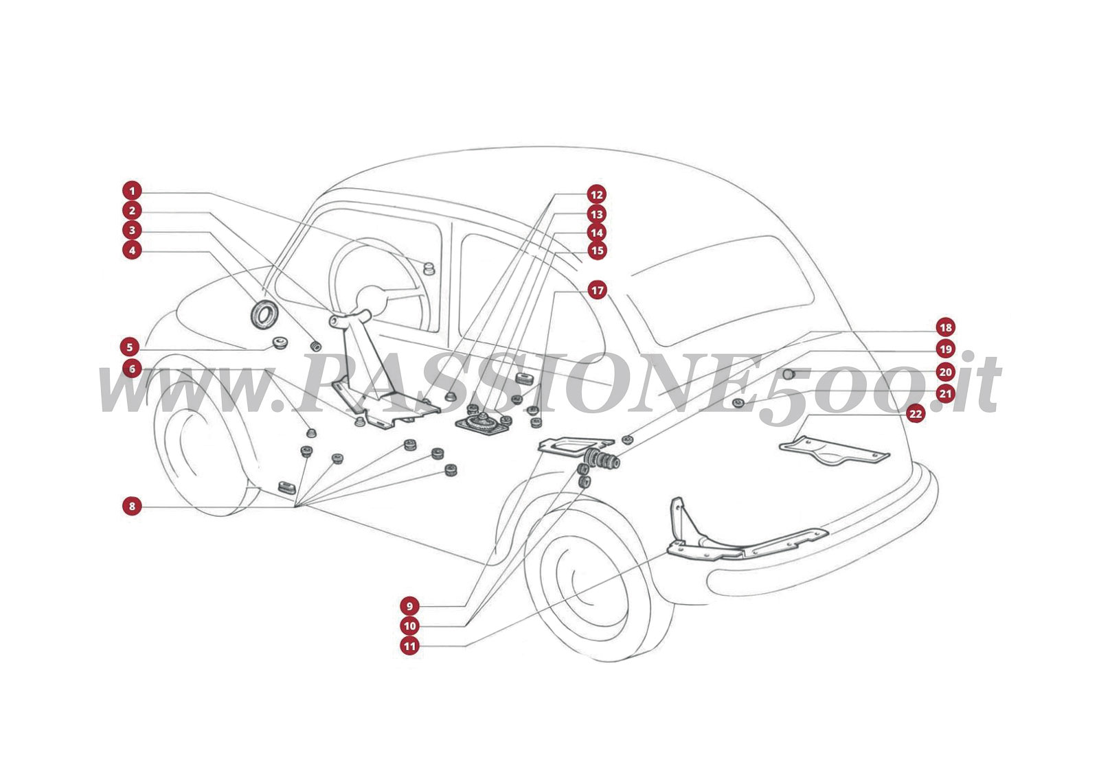 VUE EN ÈCLATÈ 13C – Carter de protection et bouchon en caoutchouc FIAT 500F