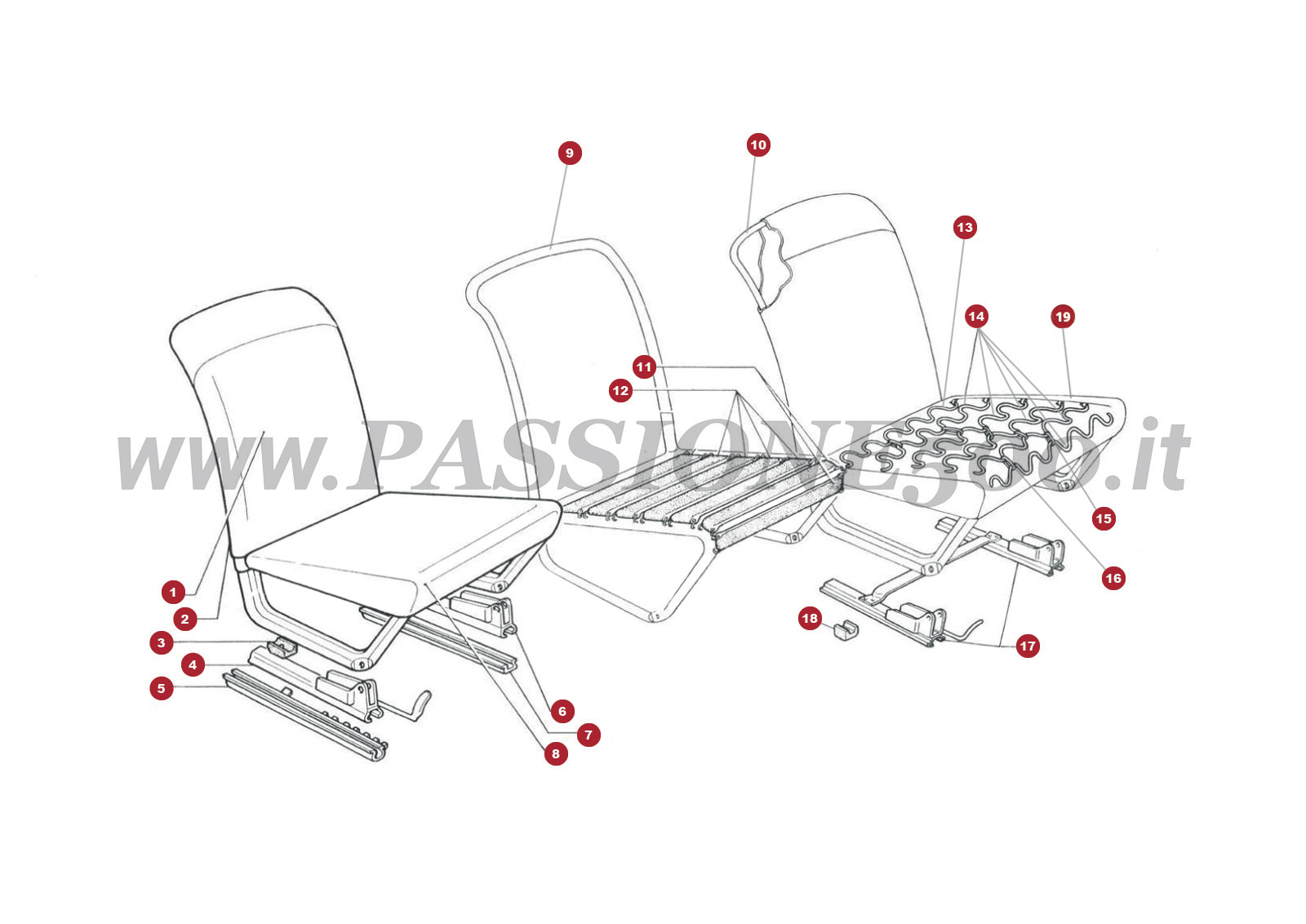 VUE EN ÈCLATÈ 16C – Siège avant type fixe et particulier FIAT 500F