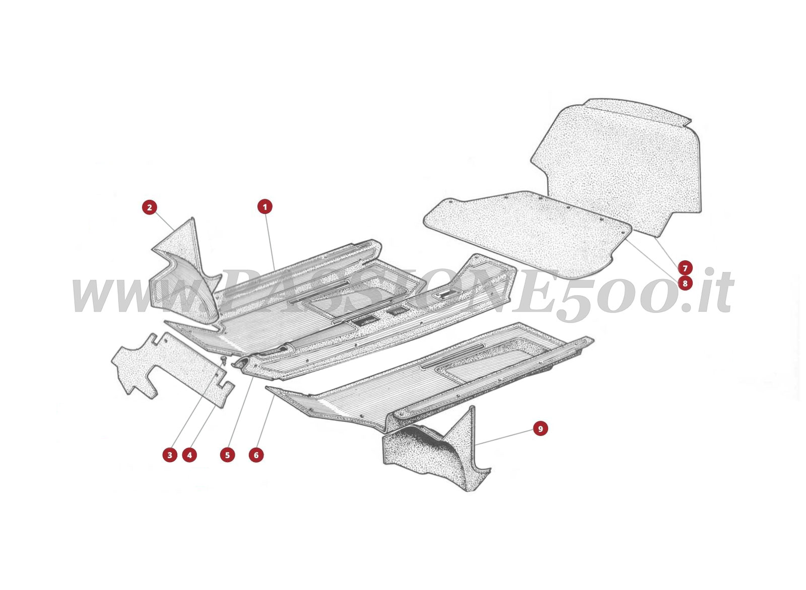 EXPLODED VIEW 17C – Interior carpets and insulations FIAT 500R