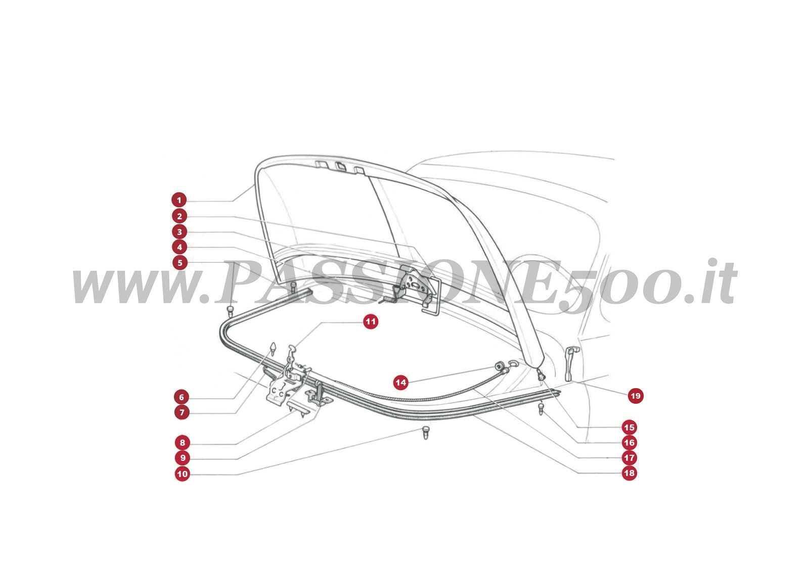EXPLODED VIEW 1C – Front hood and parts FIAT 500R