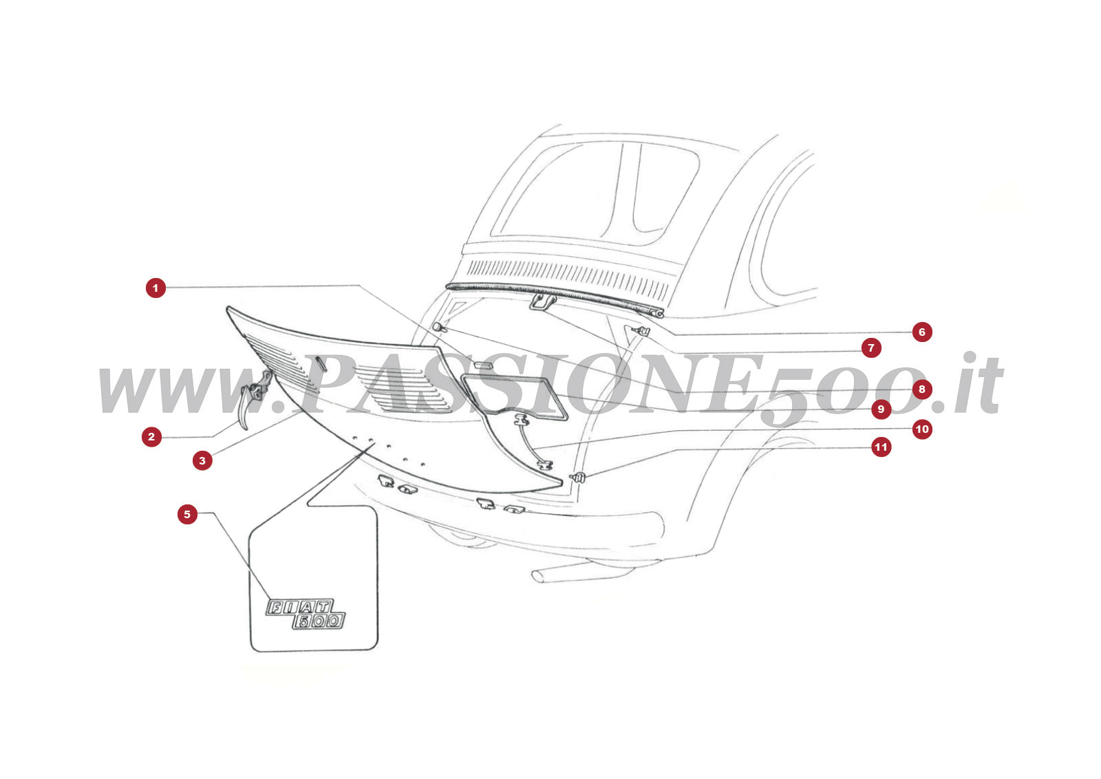 EXPLODED VIEW 11C – Rear engine lid and parts FIAT 500R