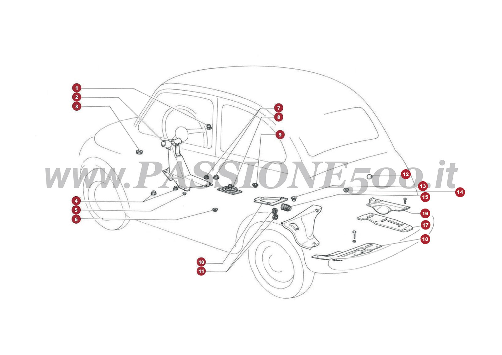 EXPLODED VIEW 13C – Protection shields and rubber grommets FIAT 500R