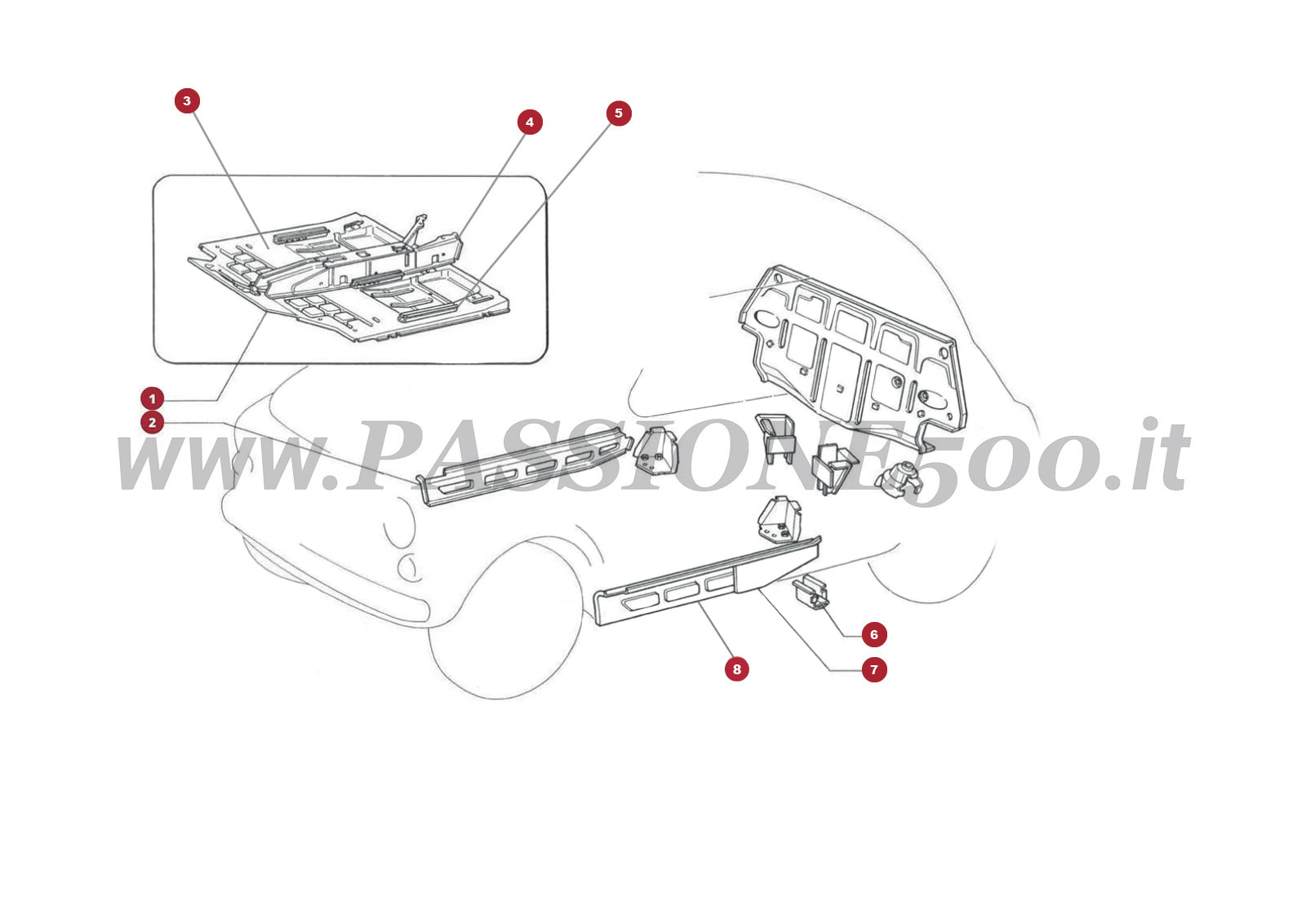 EXPLODED VIEW 3C – Central floor and pan parts FIAT 500R