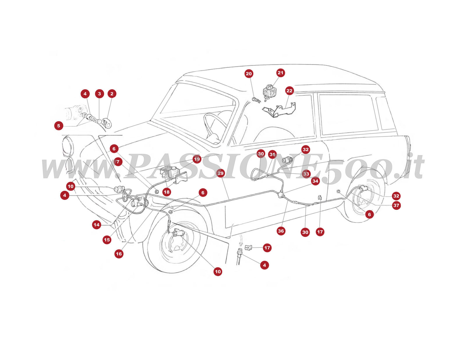 EXPLODED VIEW 23M – Brake control and Brake hydraulic system FIAT 500 Giardiniera Base F
