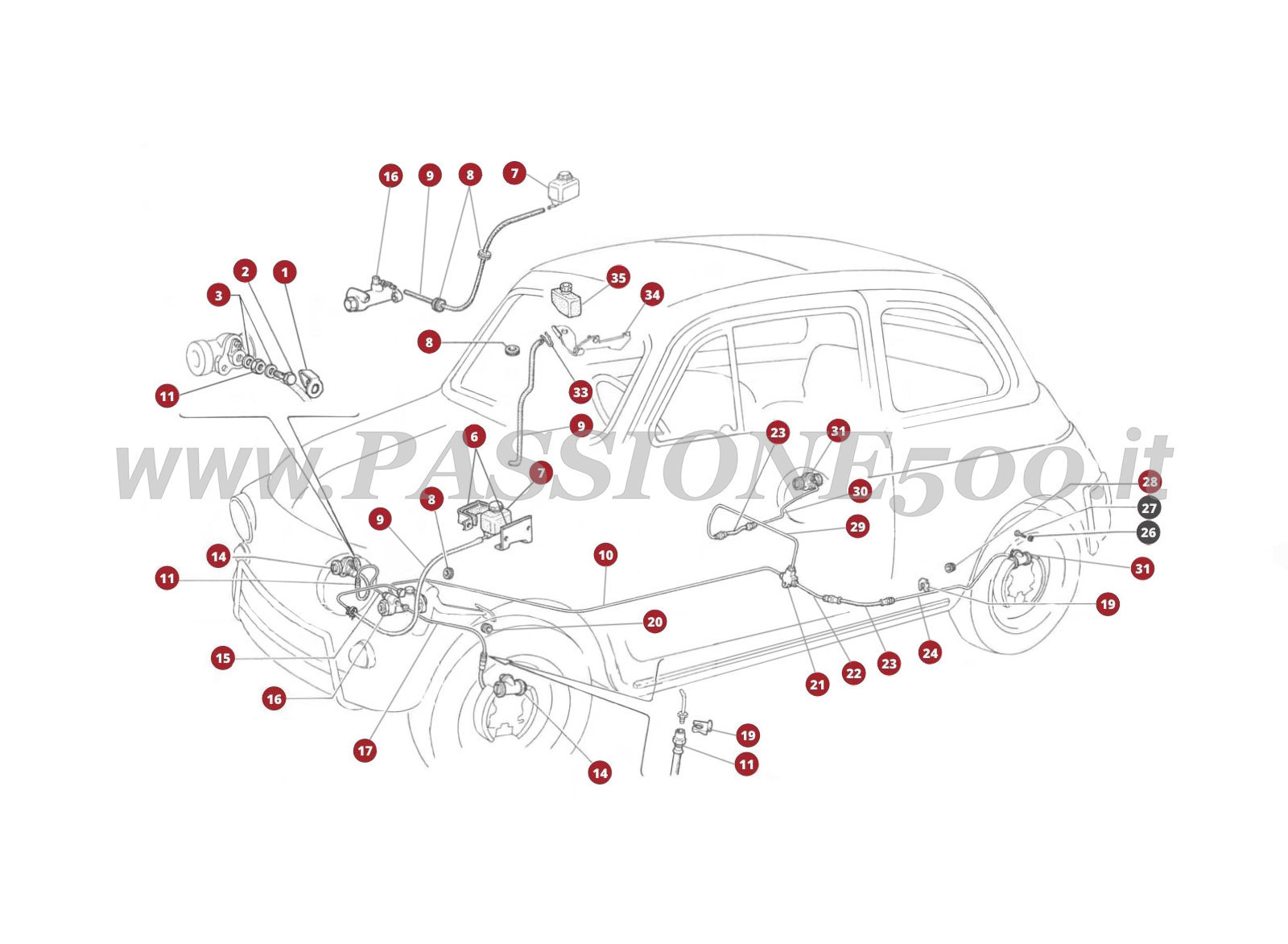 EXPLOSIONSZEICHNUNG 23M – Bremsfusshebel und Hauptbremszylinder FIAT 500F