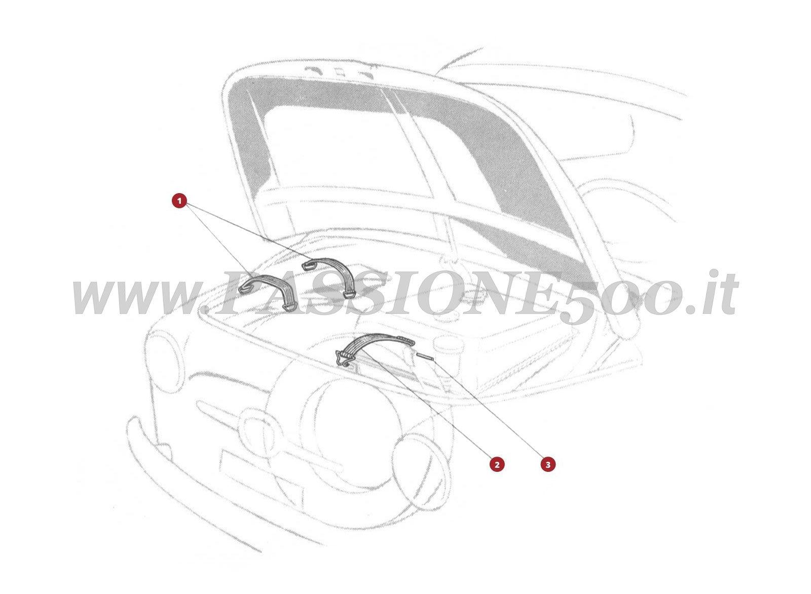 ESPLOSO 22C โ Cinghietti di fissaggio cofano anteriore FIAT 500D