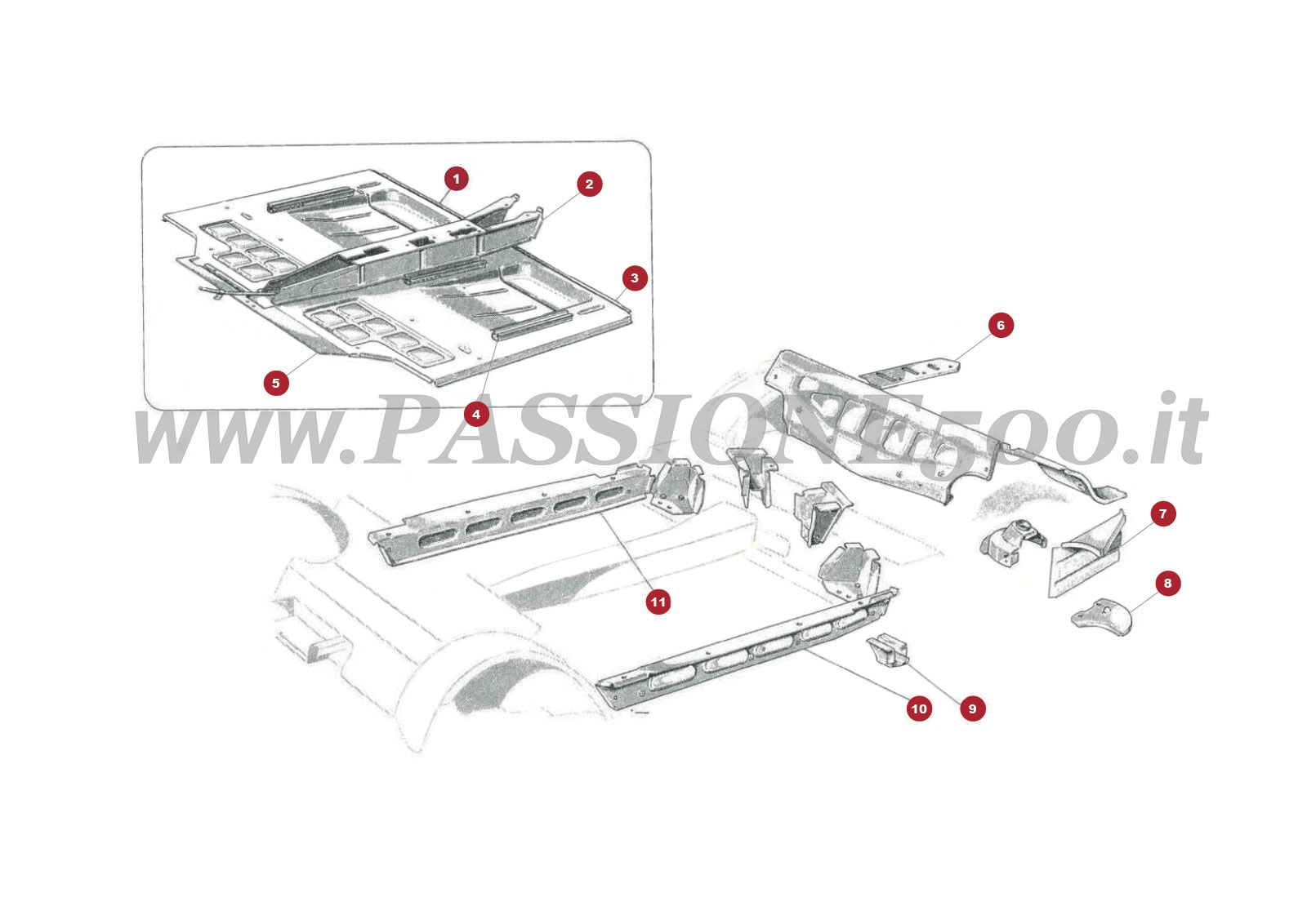 ESPLOSO 3C – Pianale centrale e particolari FIAT 500D