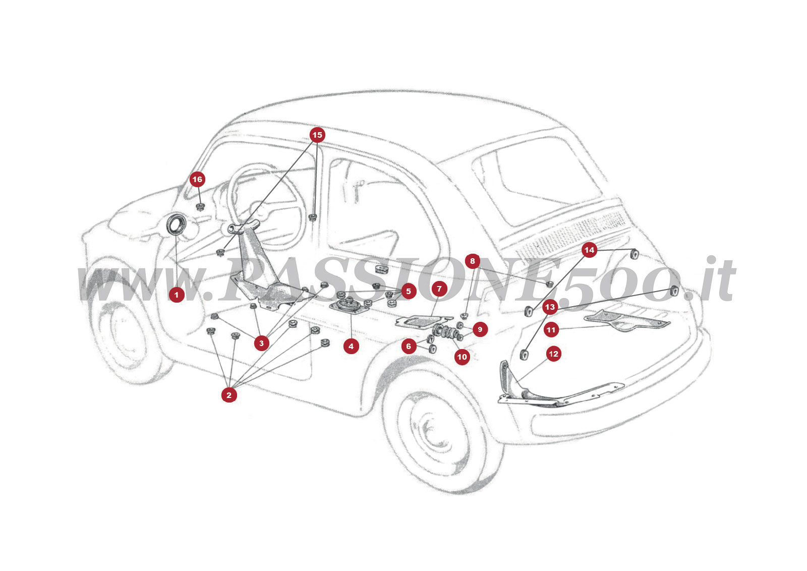 ESPLOSO 15C โ Carter di riparo e gommini carrozzeria FIAT 500D
