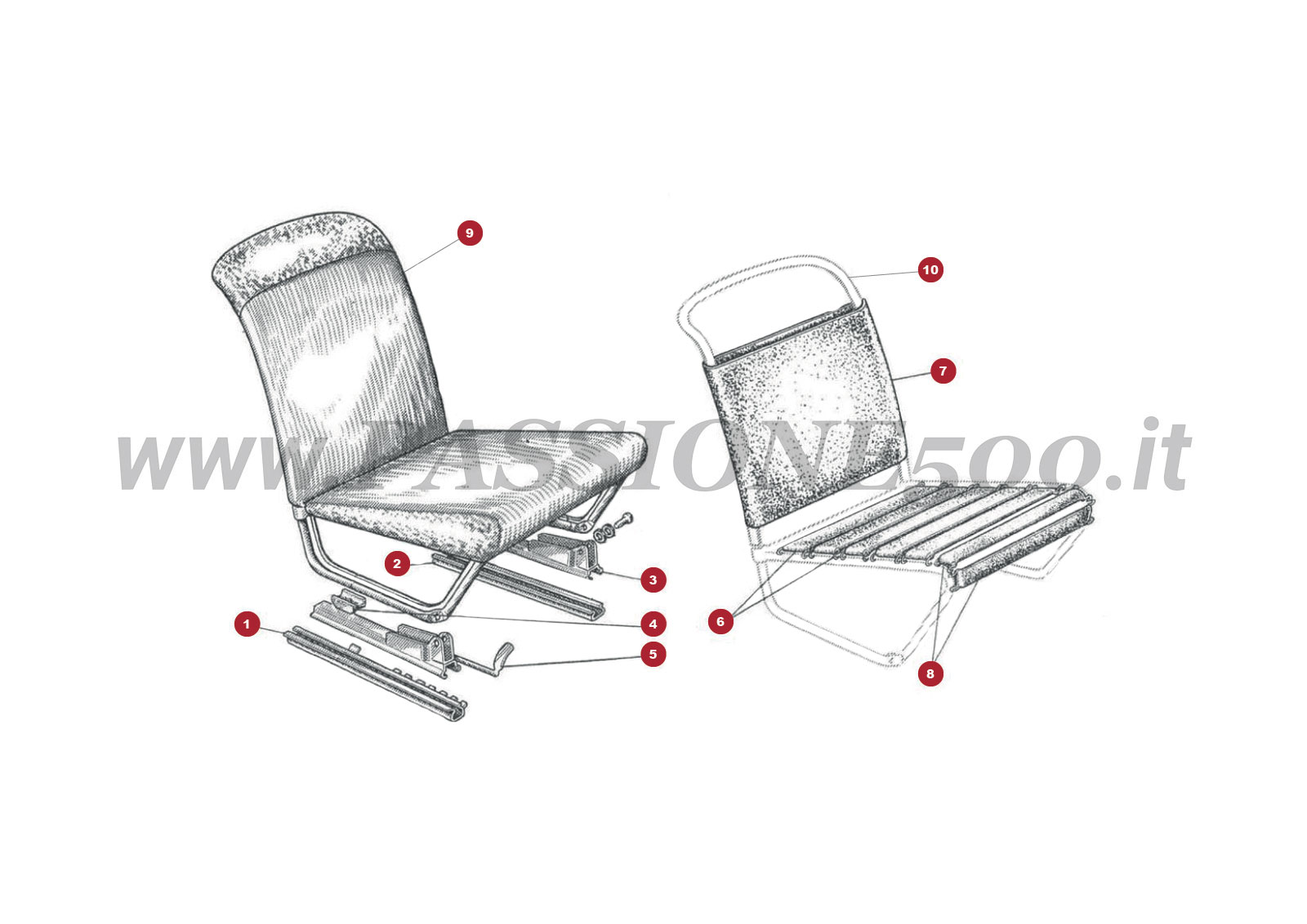 ESPLOSO 18C โ Sedili anteriori e particolari FIAT 500D