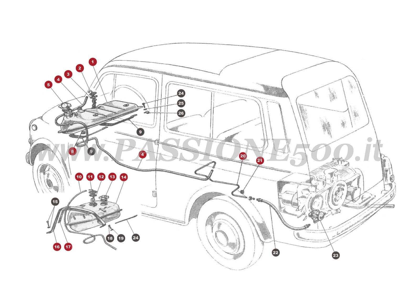VUE EN ÈCLATÈ 7M – Réservoir et systéme essence FIAT 500 Giardiniera Base D