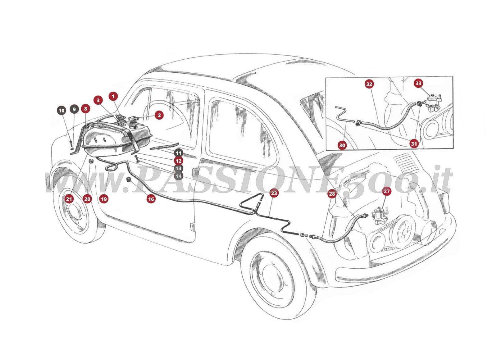 EXPLOSIONSZEICHNUNG 7M – Benzintank und benzinanlage FIAT 500D